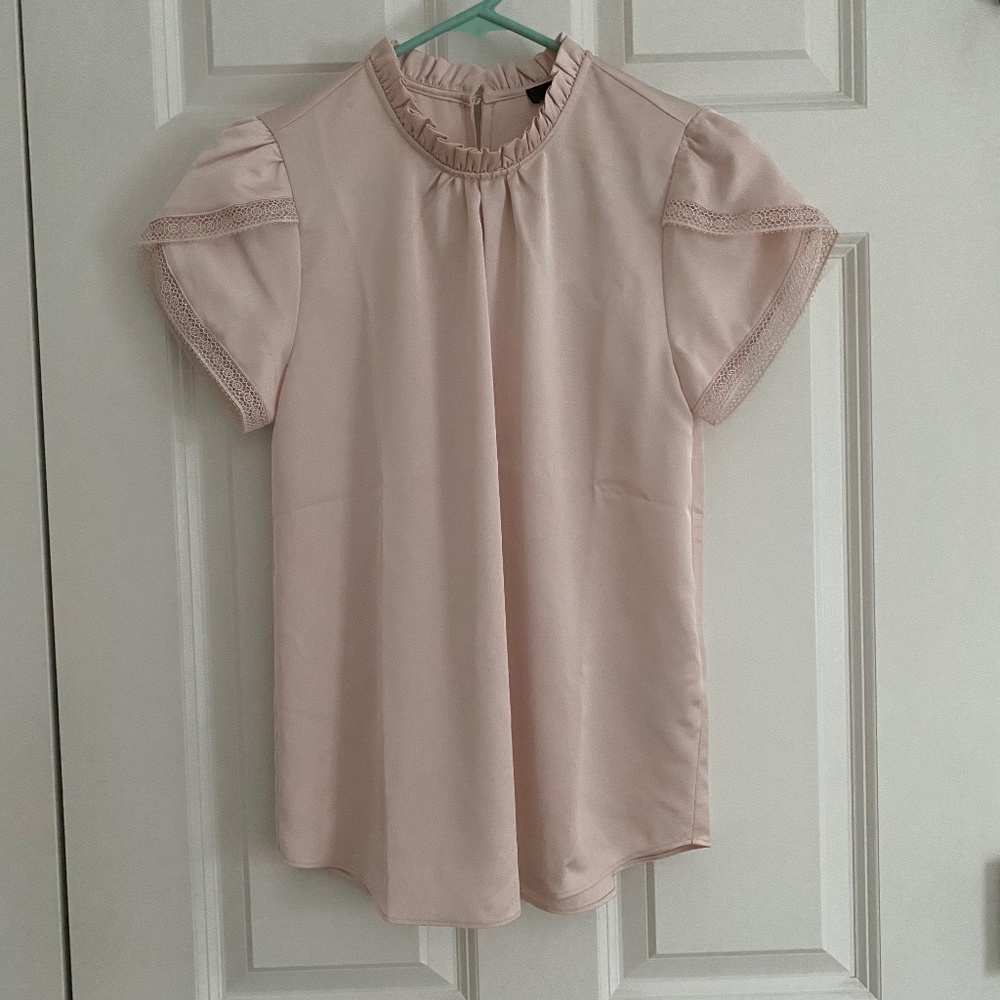 XXS J. Crew light pink tulip sleeve ruffle neck blouse.